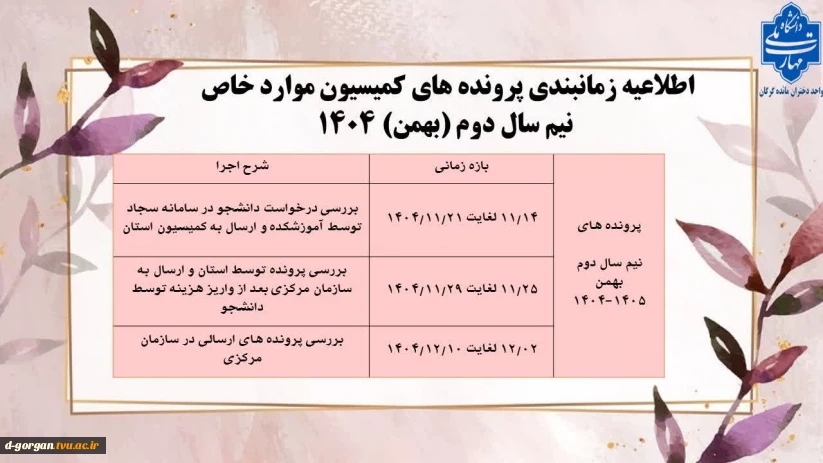 اطلاعیه بسیار مهم و فوری امور دانشجویی در خصوص زمانبندی کمیسیون موارد خاص- نیمسال دوم (بهمن) 1404