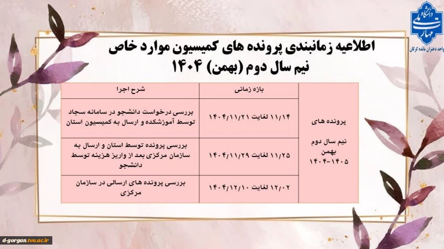 اطلاعیه بسیار مهم و فوری امور دانشجویی در خصوص زمانبندی کمیسیون موارد خاص- نیمسال دوم (بهمن) 1404 2