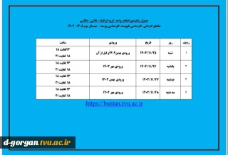 جدول زمان‌بندی انتخاب واحد گروه نقاش- گرافیک- عکاسی
مقاطع کاردانی، کارشناسی ناپیوسته ، کارشناسی پیوسته - نیمسال دوم ۱۴۰۵-۱۴۰۴