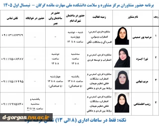 برنامه حضور مشاوران در ساختمانهای شهرک امام، ولی عصر و خوابگاه